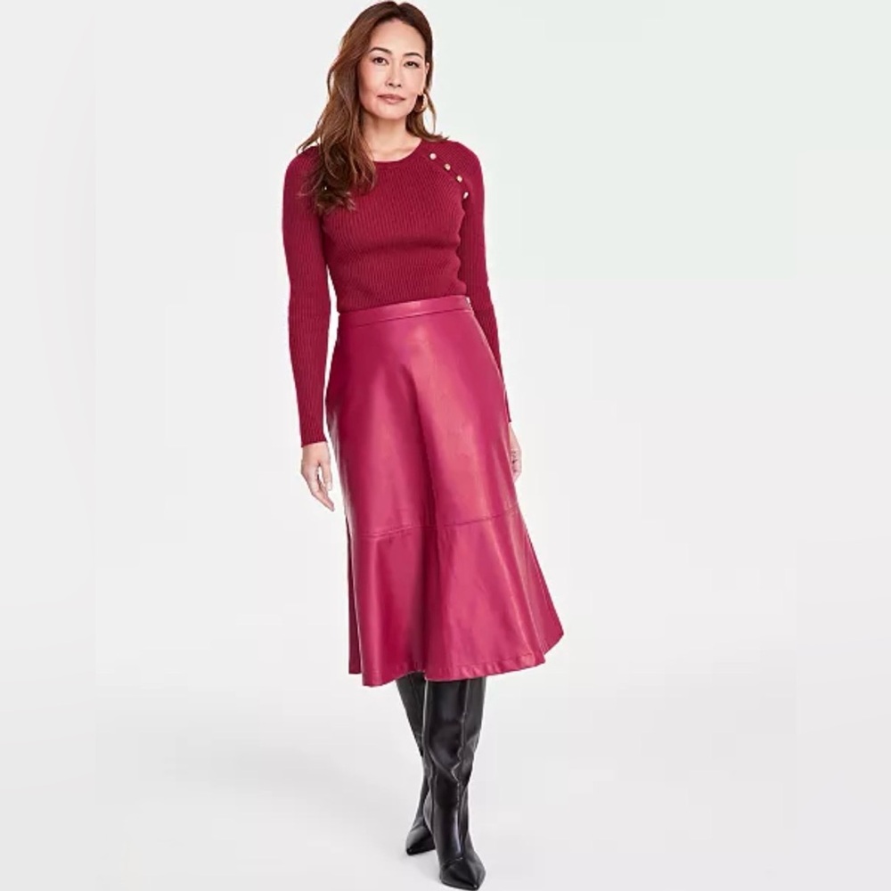 INC Faux Leather A-line Midi Skirt In Crimson Autumn Size 14 Side Zip Career
